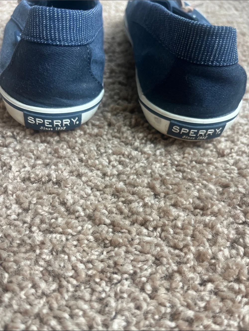 Sperry Navy Canvas Slip-On Boat Shoes with Tan Laces